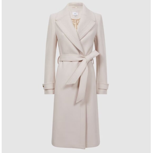 REISS Petite Relaxed Wool Blend Mid Length Neutral Belted Coat Size 12 NWT‎ - Picture 1 of 14